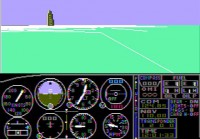 Een screenshot van Microsoft Flight Simulator 1. De blokjes linksboven moeten de Sears Tower in Chicago voorstellen.